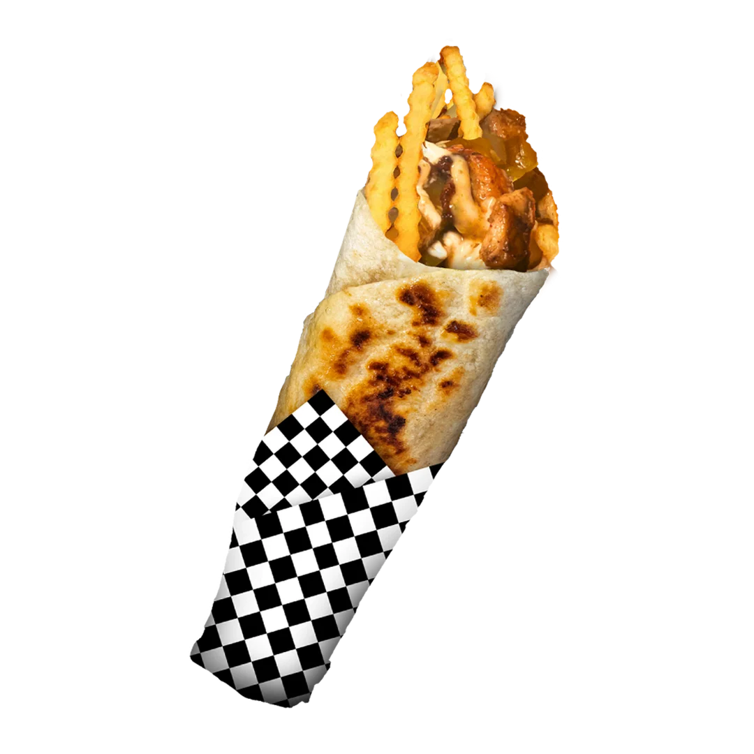 Halal meat shawarma wrap with pickles crispy fries and signature sauce Portland