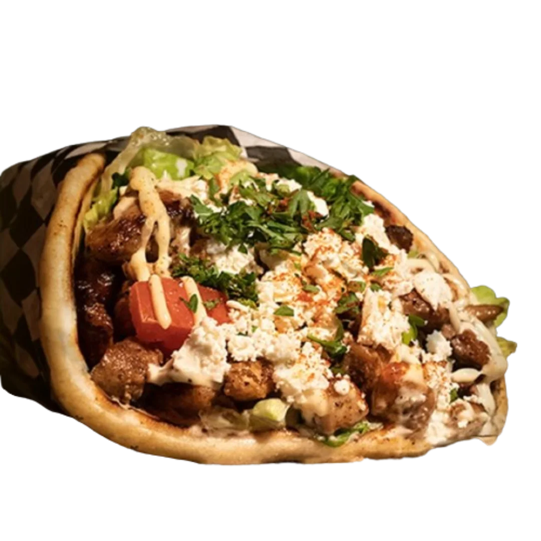 Classic halal shawarma gyro with tzatziki feta and garlic sauce on pita Portland